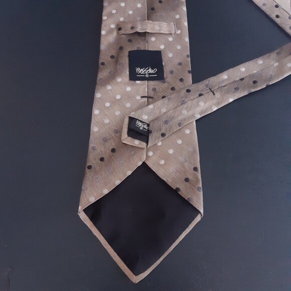 Y2K Vintage Massimo Silk Tie Taupe with Grey & White Diagonal Polka Dots - Picture 3 of 8